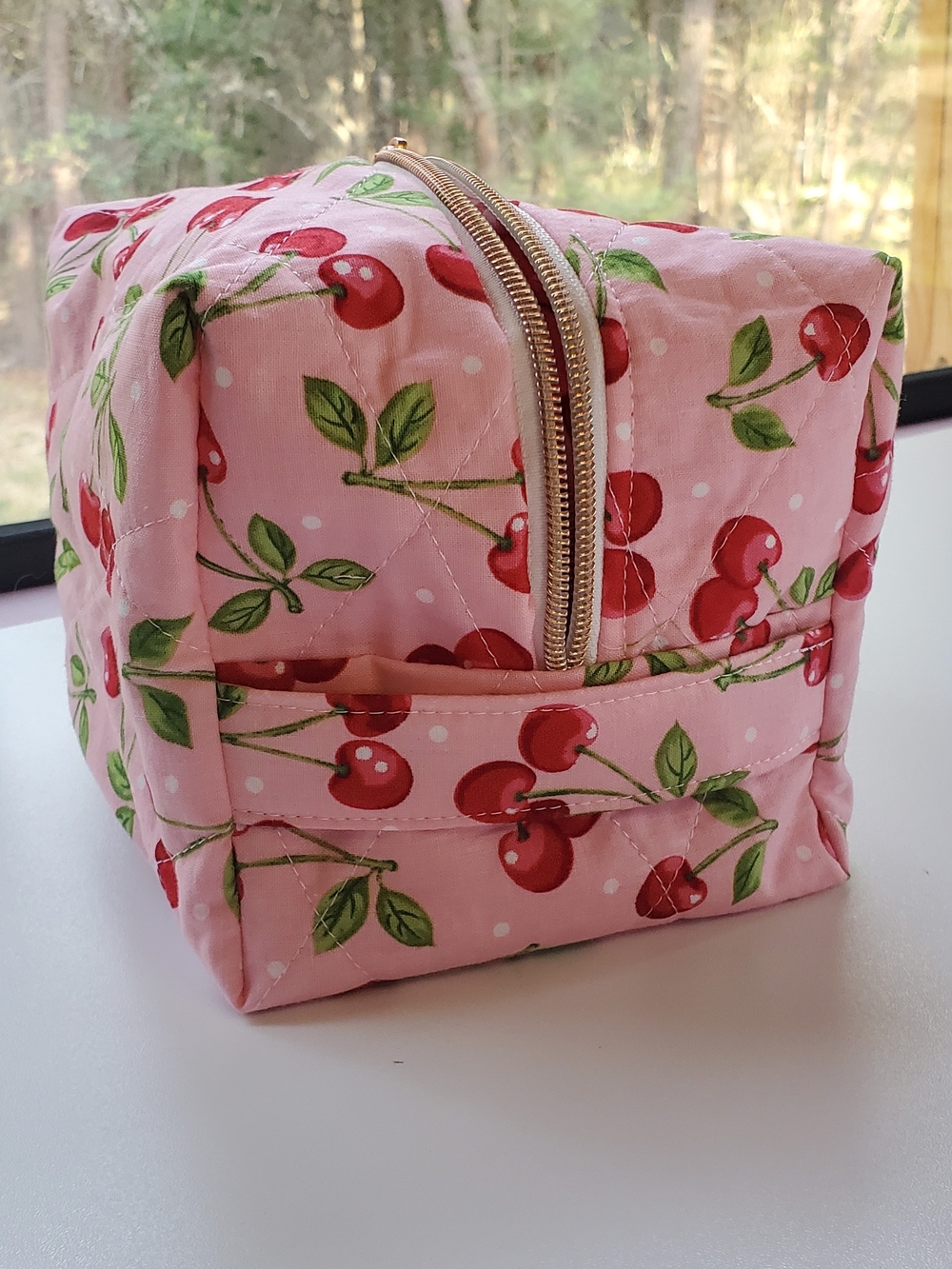 Large Pink Cherry Quilted Boxy Makeup Bag